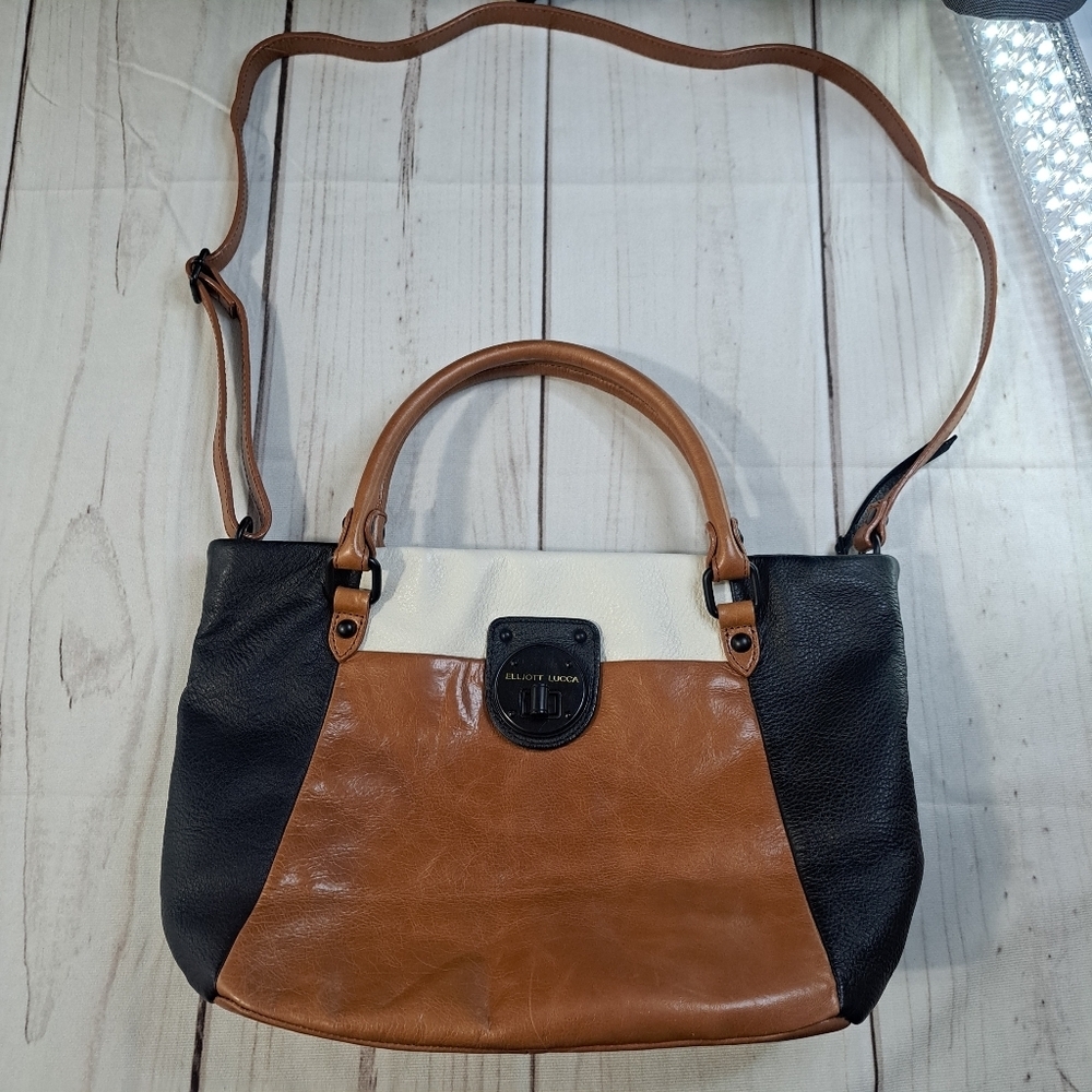 Elliot Lucca Black and Tan Leather Handbag Some Beauty Marks